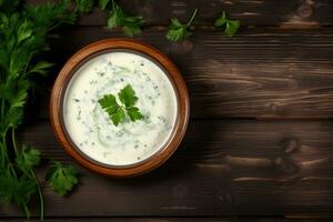 Tzatziki - traditional Greek yoghurt soup with herbs on wooden background, soup with cream and parsley on dark wooden background Top view Copy space, AI Generated photo