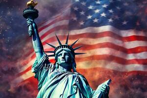 estatua de libertad con americano bandera en el fondo, EE.UU, estatua de libertad y fuegos artificiales en el antecedentes de el americano bandera, ai generado foto