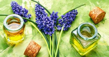 Herbal oil and lavender flowers photo