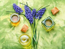 Herbal oil and lavender flowers photo