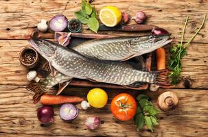 Fish pike on the kitchen board photo