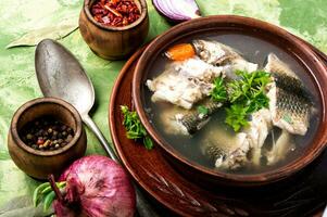 Fish soup in plate photo