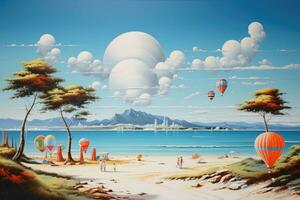 Hot air balloons flying over a sandy beach. 3D Rendering, Sommer, Sonne, Strand und Meer im Urlaub, AI Generated photo