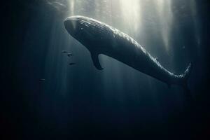 ballena nadando en el profundo azul Oceano con Dom rayos, submarino, esperma ballena siguiente a un apneista, ai generado foto