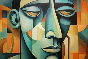 Illustration of an abstract face painted in cubism art style, Somber man in cubism and futurism painting style, Cubism art, AI Generated photo