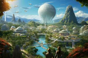 Fantasy landscape with fantasy alien planet. 3d render illustration, Utopian civilisation, utopic city, future of humanity, architecture of tommorow, utopic world, AI Generated photo