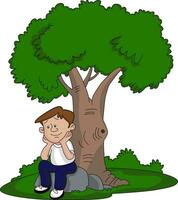 Vector of thoughtful man sitting under a tree.