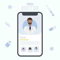 móvil aplicación con masculino oscuro piel médico en el teléfono inteligente pantalla. en línea consulta con un terapeuta bandera concepto vector