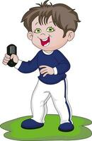 Vector of happy boy holding remote control.