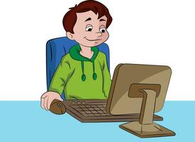 Boy Using a Desktop Computer, illustration vector