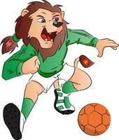 Vector of lion mascot playing soccer.