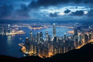 Hong Kong skyline at night, Hong Kong, China. View from Victoria Peak, Skyline of Hong Kong Island and Kowloon from Victoria Peak, AI Generated photo