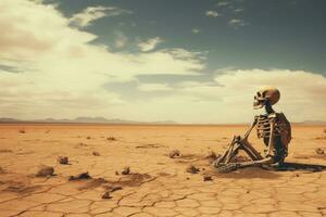 esqueleto en el desierto. muerte valle, California, EE.UU, esqueleto en el desierto. ambiente contaminación causando el final de el humano carrera, ai generado foto