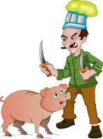 Chef with Knives to Cut Up a Pig, illustration vector