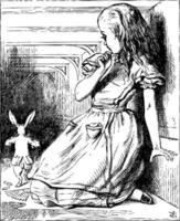 Alice grown big looking at the White Rabbit returning, splendidly dressed vector