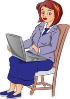 Vector portrait of businesswoman using laptop on chair.