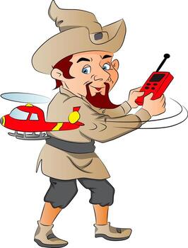 Vector of an elf playing with remote controlled toy chopper.