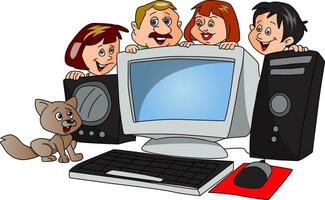 Vector of happy family with a newly purchased computer.