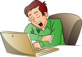 Vector of businessman yawning while using laptop.