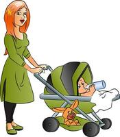 Vector of mother with baby drinking milk in pram.