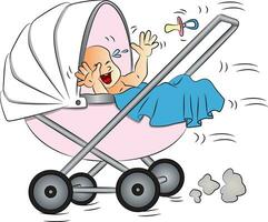 Vector of baby crying in pram.