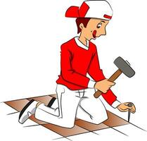 Vector of repairman hammering nail to remove tiled floor.