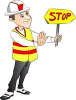 Vector of construction worker showing stop sign at site.