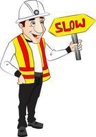 Vector of construction worker holding slow sign.