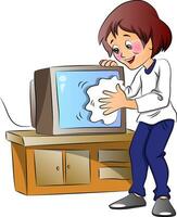 Vector of woman wiping dust on television set.