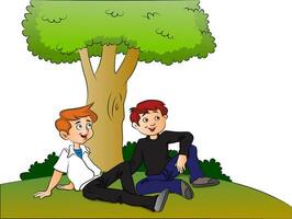 Vector of boys relaxing under a tree.