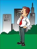 Vector of thoughtful businessman in front of buildings.