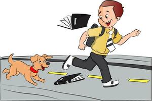 Vector of happy schoolboy running with pet dog, books falling.