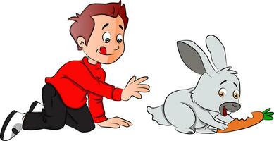 Vector of boy hungrily looking at rabbit eating a carrot.