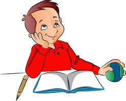 Vector of boy dreaming with ball, book and pencil on desk.