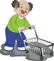 Vector of shopper pushing empty shopping cart.