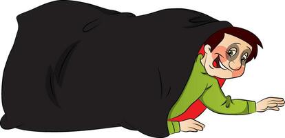 Vector of boy hiding in sack.