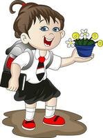 Vector of happy girl holding flower pot.