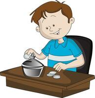 Vector of boy saving money in piggy bank.