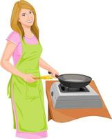 Vector of housewife preparing food.