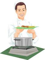 Vector of chef holding plate of prepared food.