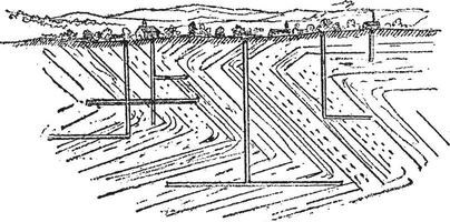 Vertical section of a coal basin and its working galleries showing the folding of the layers of coal, vintage engraving. vector