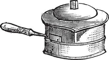 Casserole for liquid cooking on the stove for lunch, vintage engraving. vector