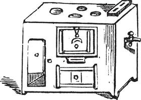 Belgian portable stove, vintage engraving. vector