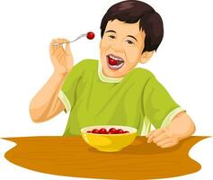 Vector of boy eating grapes using fork.