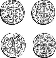 Coins minted during the reign of Etienne, vintage engraving. vector