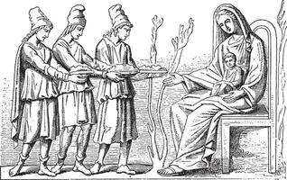 Virgin and holy Magi, vintage engraving. vector