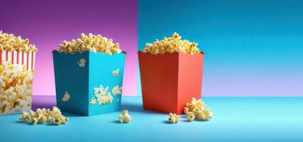 AI Generative, January 19, National Popcorn Day in the USA, colorful popcorn boxes, banner photo