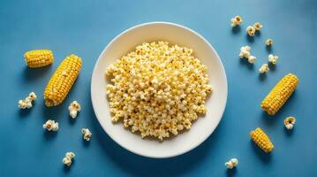 AI Generative, January 19, National Popcorn Day in the USA, popcorn in a plate, scattered popcorn and corn, top view photo