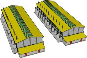 Two green and yellow large modern barns with open shuts and green roof windows vector illustration on white background