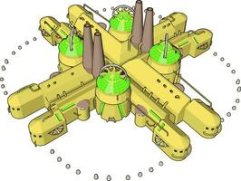 Vector illustration on white background of an yellow cross-shaped manufactoring building